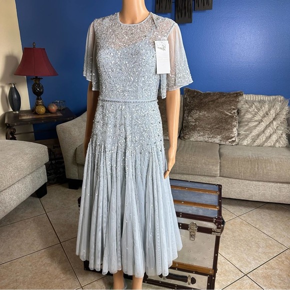 Mac Duggal 93655 Powder Blue Cape Sleeve Beaded Tea Length A-Line Dress 6 NWT - Picture 10 of 16